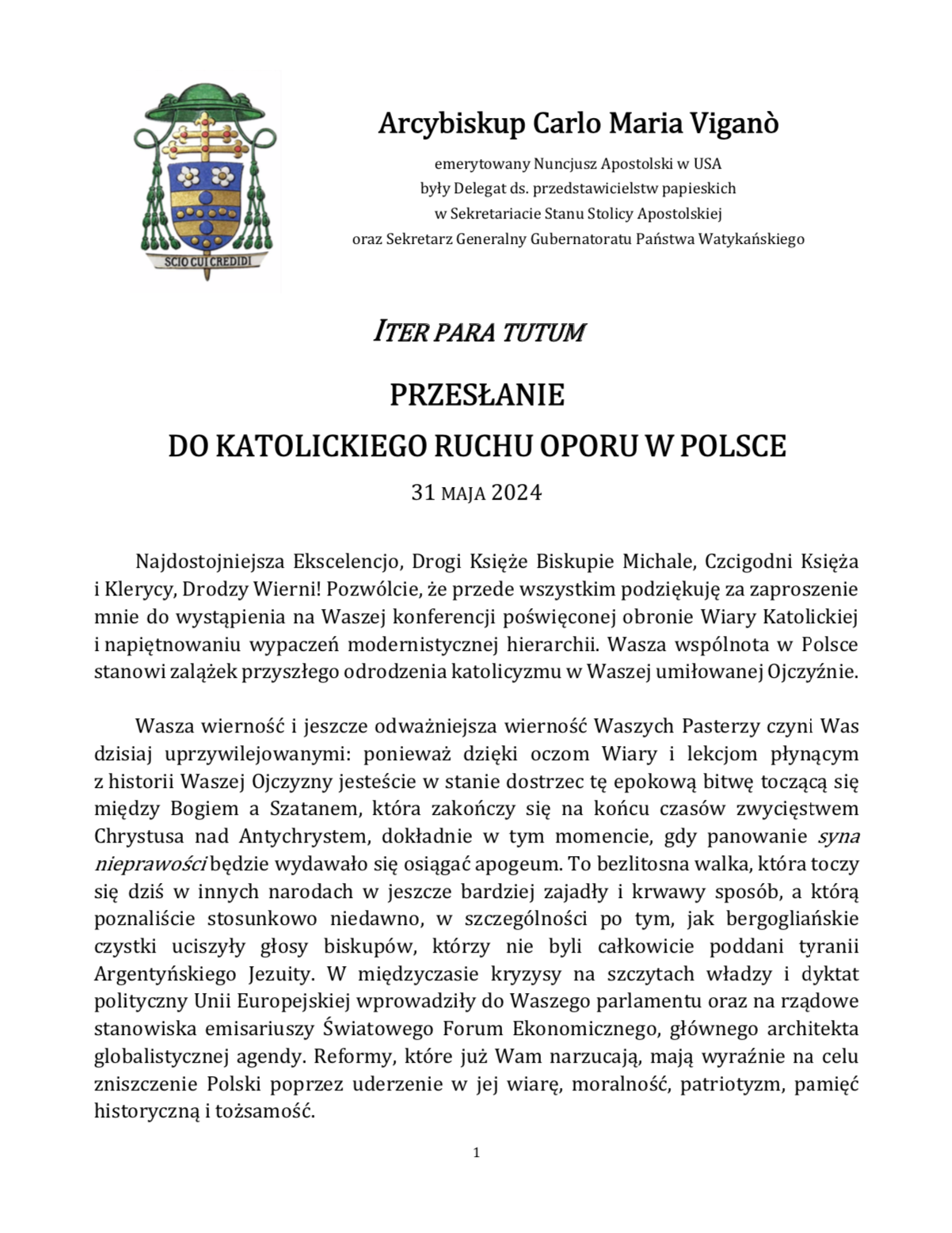 Message from Archbishop C. M. Viganò to the Catholic Resistance Movement in Poland